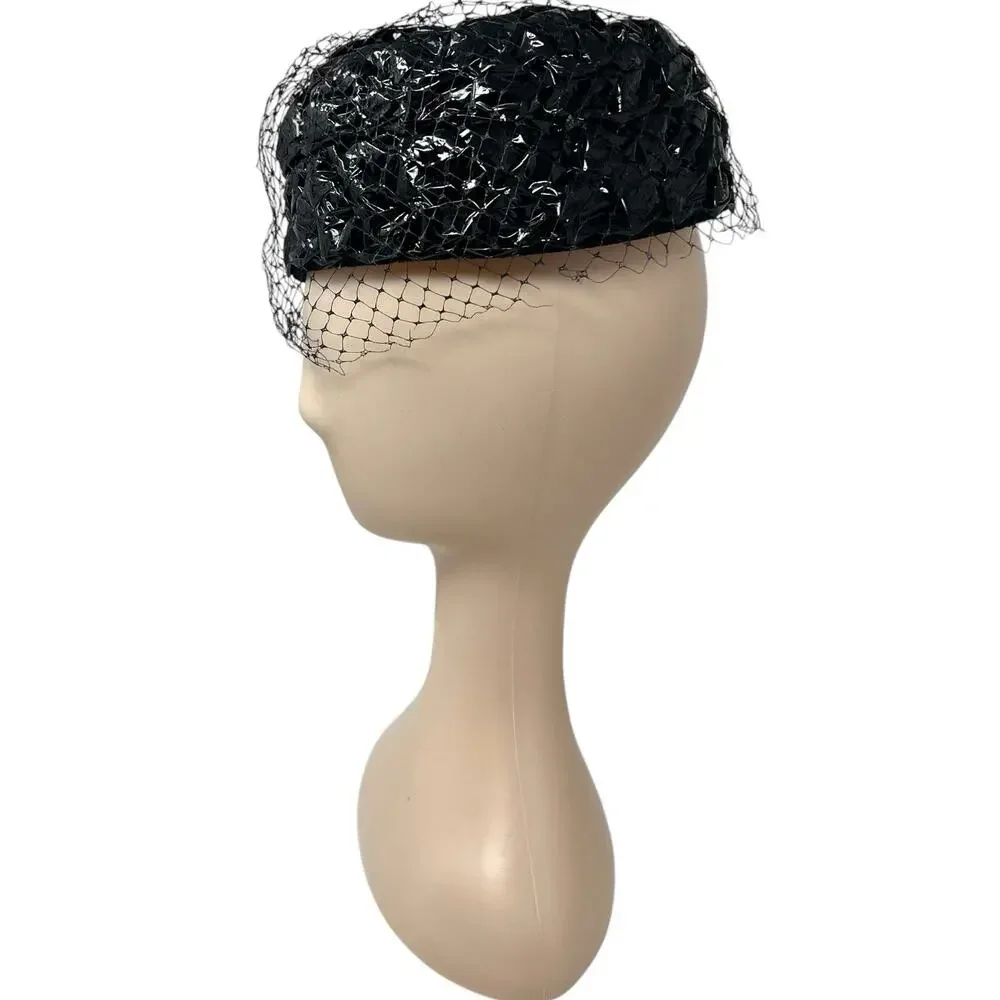 Vintage 60s Pillbox Hat Black Veil Mod Goth Old Money Cocktail - Picture 3 of 8